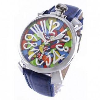 ガガミラノ 偽物 マニュアーレ48mm 5010MOS1 モザイク 手巻き スモールセコンド レザー ブルー/マルチカラー メンズ