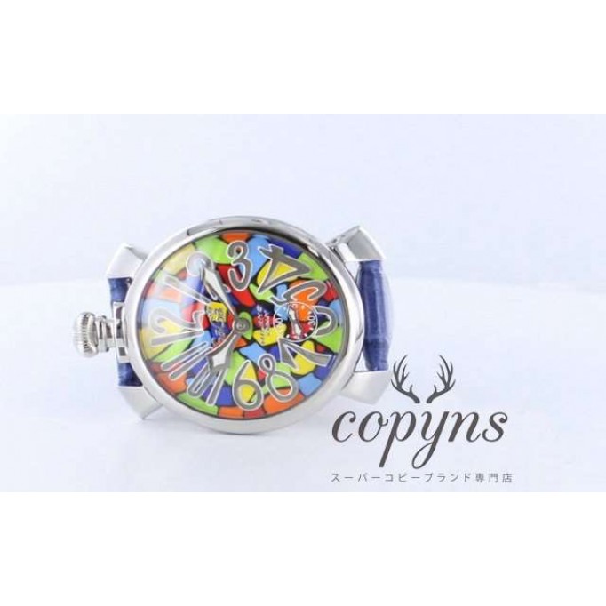 ガガミラノ 偽物 マニュアーレ48mm 5010MOS1 モザイク 手巻き スモールセコンド レザー ブルー/マルチカラー メンズ
